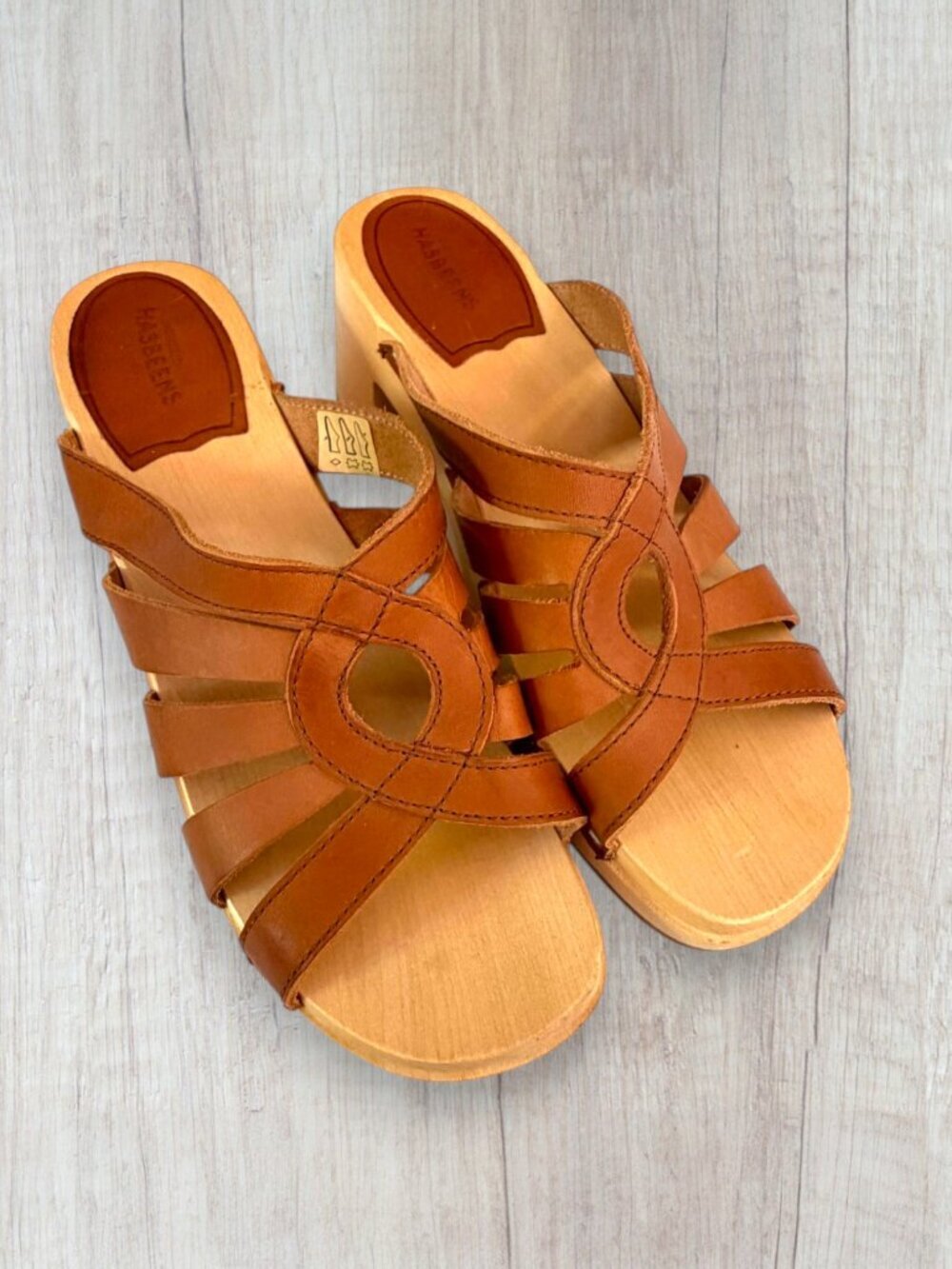 Swedish Hasbeens Peep Toe Debutant Clog Sandals Cognac Leather EU 40 US 9.5